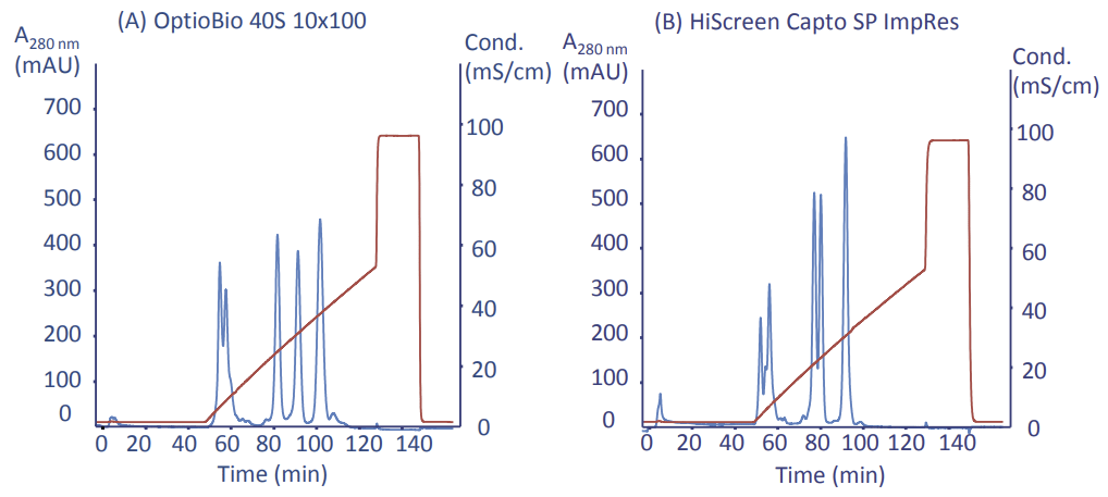 Resolution comparison on OptioBio 40S 10x100 (A) vs. HiScreen Capto