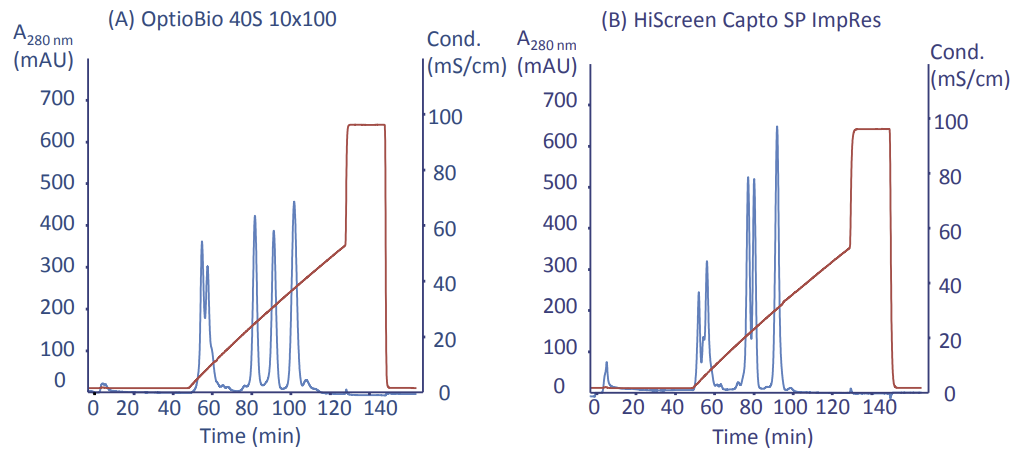 Resolution comparison on OptioBio 40S 10x100 (A) vs. HiScreen Capto