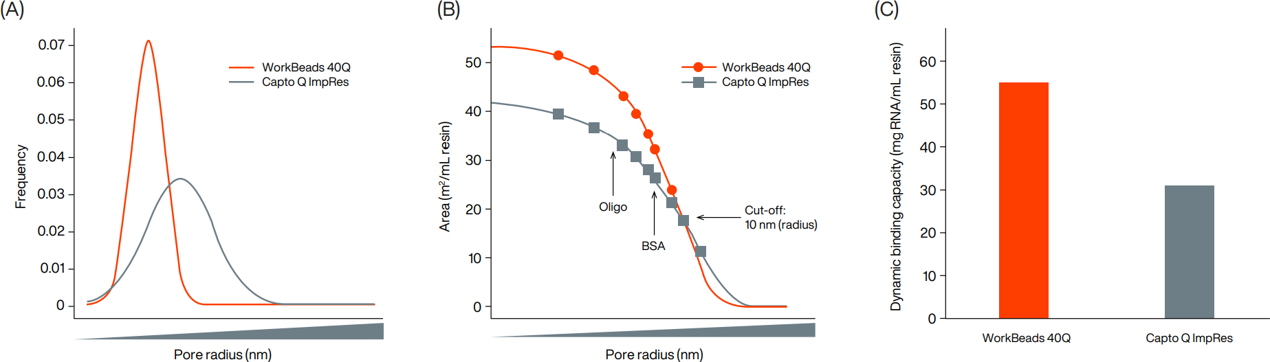 The read-out of the pore size and the PSD is shown here for WorkBeads 40Q (red) and Capto Q ImpRes (grey